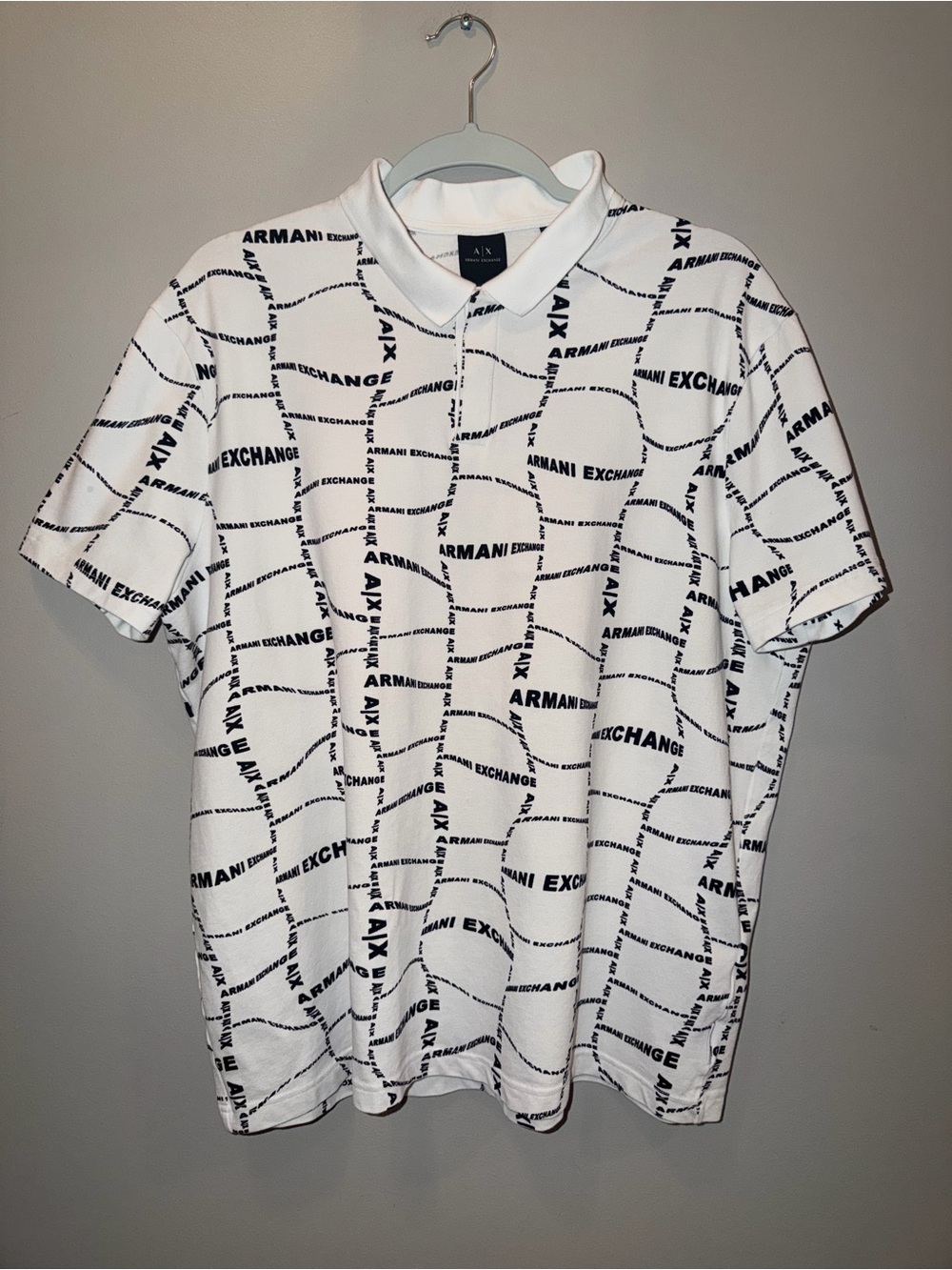 Armani Exchange Men's Stretch Cotton Wavy Grid All-Over Logo Polo Shirt White XL